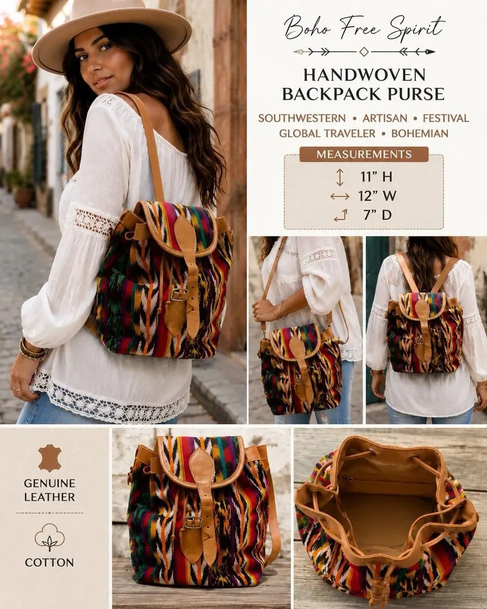 Handwoven Southwestern Multicolor Stripe Backpack Purse Boho Crossbody Bag EUC